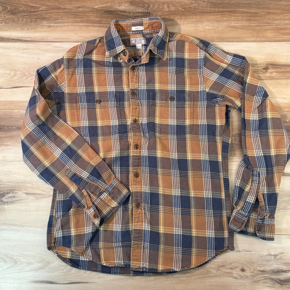 Wallace & Barnes J.Crew Mens Plaid Flannel Shirt Small Brown Navy Blue
